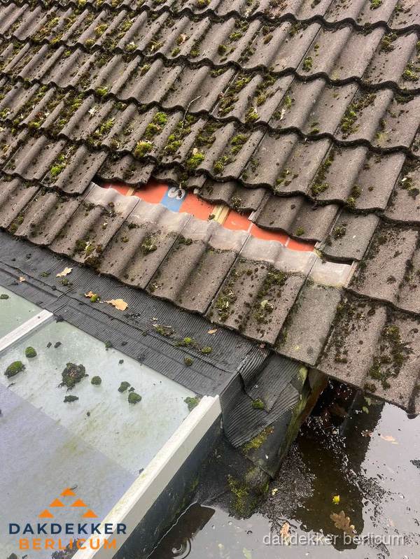Beschadigd pannendak met ontbrekende dakpannen voor reparatie in Berlicum Beschadigd pannendak met ontbrekende dakpannen voor reparatie in Berlicum
